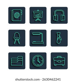 Set line Document folder, Clock, Briefcase, Headphones, Table lamp, Office chair, Address book and Tie icon. Vector
