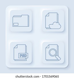 Set line Document folder, Cloud storage text document, PSD file document and Document with search. White square button. Vector