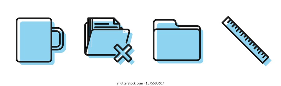 Set line Document folder, Coffee cup, Delete folder and Ruler icon. Vector