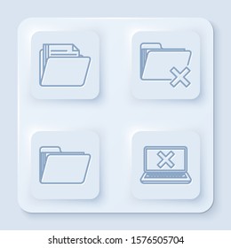 Set line Document folder, Delete folder, Document folder and Laptop and cross mark on screen. White square button. Vector