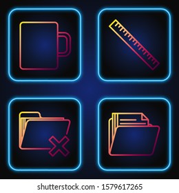 Set line Document folder, Delete folder, Coffee cup and Ruler. Gradient color icons. Vector
