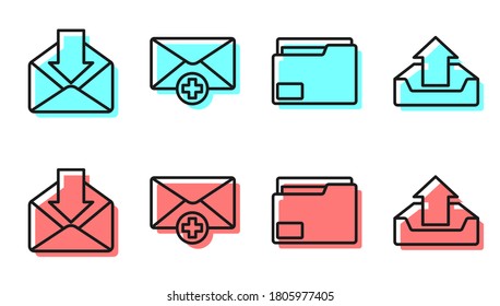 Set line Document folder, Envelope, Received message concept and Upload inbox icon. Vector