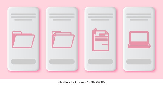 Set line Document folder, Document folder, File document and paper clip and Laptop. White rectangle button. Vector