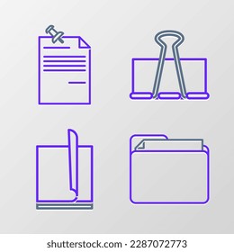 Set line Document folder, File document, Binder clip and Note paper with pinned pushbutton icon. Vector