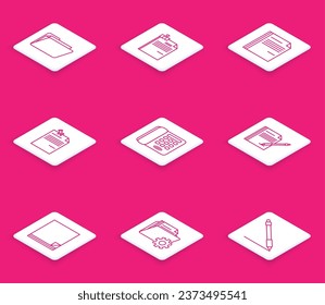 Set line Document folder, File document and binder clip, Note paper with pinned pushbutton, Telephone, Blank notebook pen,  and Folder settings gears icon. Vector