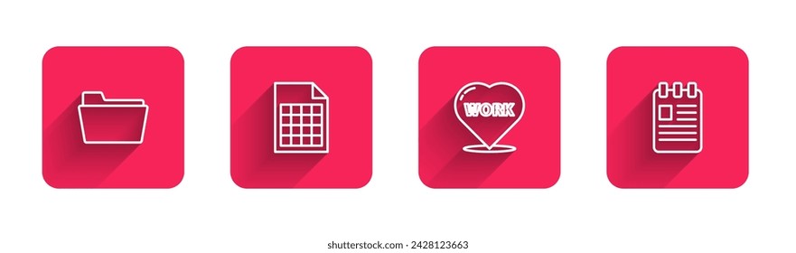 Set line Document folder, File document, Heart with text work and Spiral notebook with long shadow. Red square button. Vector
