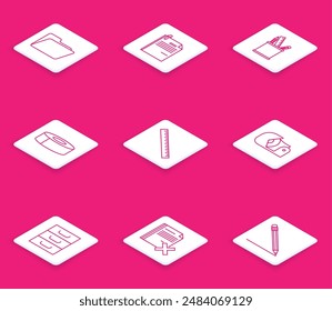 Set line Document folder, File document and paper clip, Pencil case stationery, Scotch, Ruler, Drawer with documents and Delete file icon. Vector