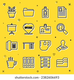 Set line Document folder, Hand for search a people, Magnifying glass, Identification badge, Heart with text work, Chalkboard diagram, Plant pot and  icon. Vector