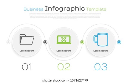 Set line Document folder, Laptop and cross mark on screen and Coffee cup flat. Business infographic template. Vector