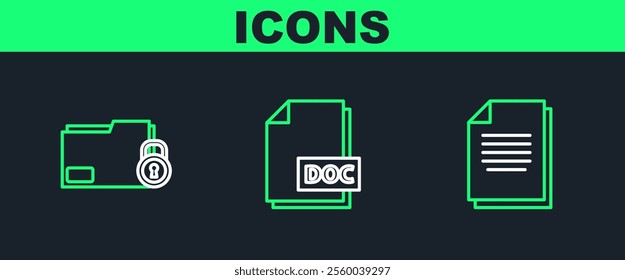 Set line Document, Folder and lock and DOC file document icon. Vector