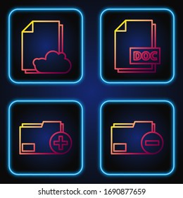 Set line Document folder with minus, Add new folder, Cloud storage text document and DOC file document. Gradient color icons. Vector