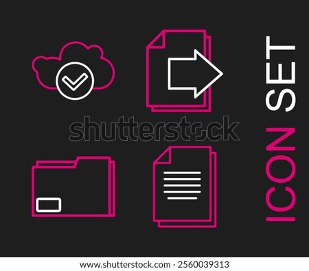 Set line Document, folder, Next page arrow and Cloud with check mark icon. Vector