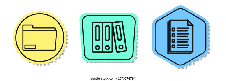 Set line Document folder, Office folders with papers and documents and File document. Colored shapes. Vector