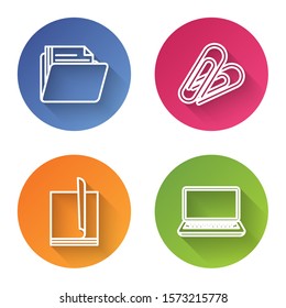 Set line Document folder, Paper clip, File document and Laptop. Color circle button. Vector