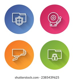 Set line Document folder protection, Ringing alarm bell, Security camera and Folder and lock. Color circle button. Vector