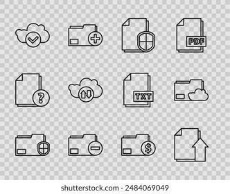 Set line Document folder protection, Upload file document, concept, with minus, Cloud check mark, download and upload, Finance and storage text icon. Vector