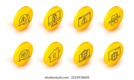 Set line Document folder protection, Laptop protected with shield, House under, Check mark in speech bubble, Incognito mode, Browser exclamation, Lock monitor and Exclamation triangle icon. Vector