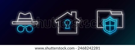 Set line Document folder protection, Incognito mode and House under icon. Glowing neon. Vector