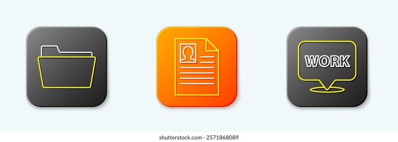 Set line Document folder, Resume and Location with text work icon. Vector