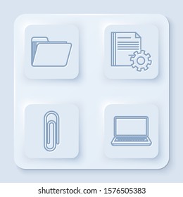 Set line Document folder, Document settings with gears, Paper clip and Laptop. White square button. Vector