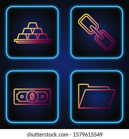 Set line Document folder, Stacks paper money cash, Gold bars and Chain link. Gradient color icons. Vector
