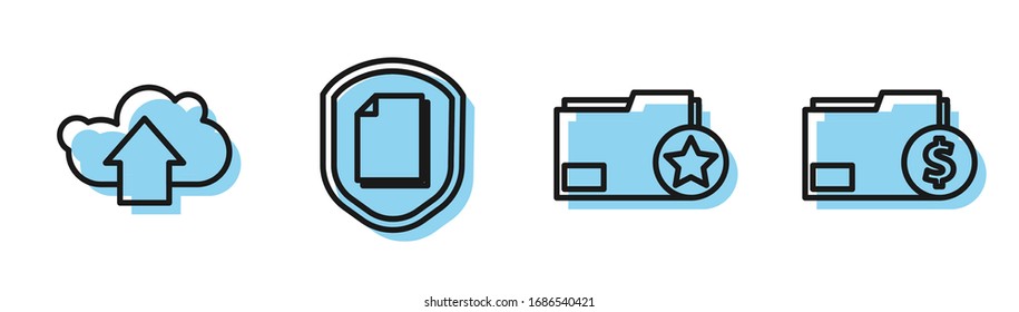 Set line Document folder with star, Cloud upload, Document protection concept and Finance document folder icon. Vector