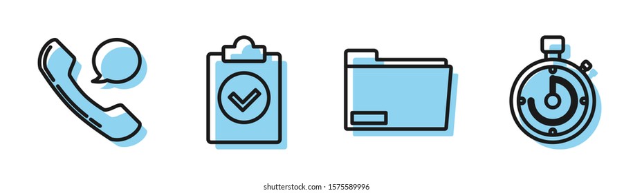 Set line Document folder, Telephone handset and speech bubble chat, Completed task and Briefcase icon. Vector