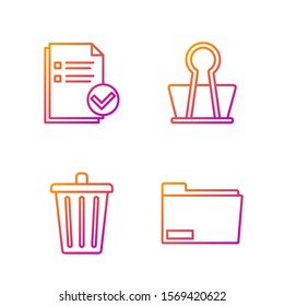 Set line Document folder, Trash can, Document and check mark and Binder clip. Gradient color icons. Vector