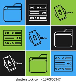 Set line Document folder, Wireless charger and Server, Data, Web Hosting icon. Vector