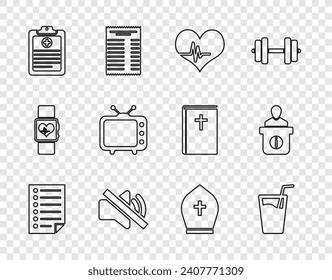 Set line Document, Glass with water, Heart rate, Speaker mute, Clinical record, Television tv, Pope hat and Information desk icon. Vector