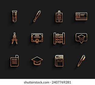 Set line Document, Graduation cap, Test tube and flask chemical laboratory, Book, Pen, Certificate template, in speech bubble and Abacus icon. Vector