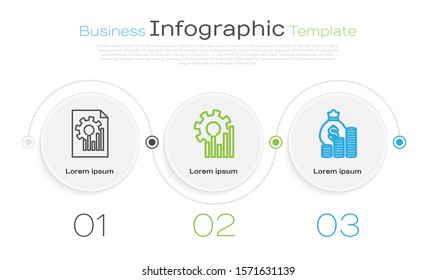 Set line Document with graph chart, Pie chart infographic and Money bag and coin. Business infographic template. Vector