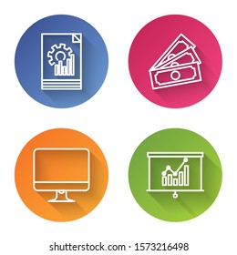 Set line Document with graph chart, Stacks paper money cash, Computer monitor screen and Board with graph chart. Color circle button. Vector