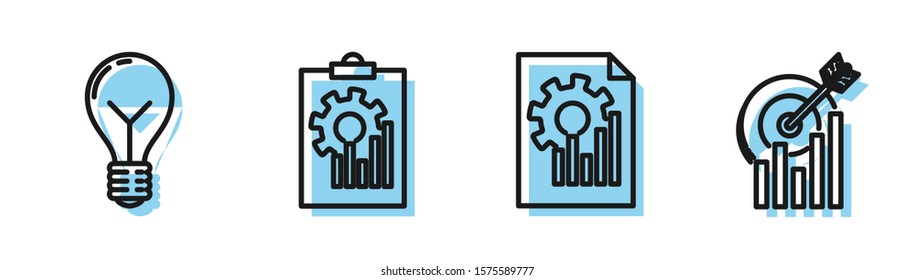 Set line Document with graph chart, Light bulb with concept of idea, Clipboard with graph chart and Target with graph chart icon. Vector
