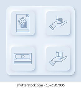 Set line Document with graph chart, Money on hand, Stacks paper money cash and Money on hand. White square button. Vector