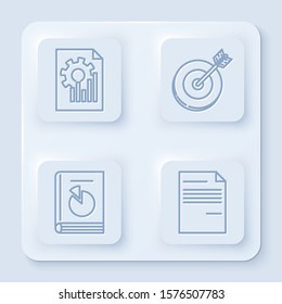 Set line Document with graph chart, Target, User manual and Document. White square button. Vector