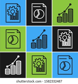 Set line Document with graph chart, Pie chart infographic and coin and Document with graph chart icon. Vector