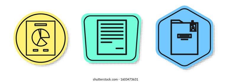 Set line Document with graph chart, Document and Personal folder. Colored shapes. Vector