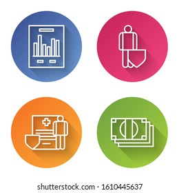 Set line Document with graph chart, Life insurance with shield, Medical clipboard with clinical record and Stacks paper money cash. Color circle button. Vector