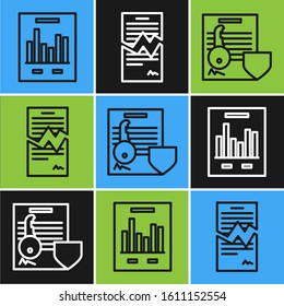 Set Line Document With Graph Chart, Document With Key With Shield And Torn Contract Icon. Vector