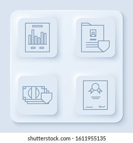 Set line Document with graph chart, Document with shield, Money with shield and Certificate template. White square button. Vector