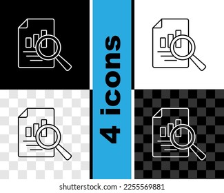 Set line Document with graph chart icon isolated on black and white, transparent background. Report text file icon. Accounting sign. Audit, analysis, planning.  Vector