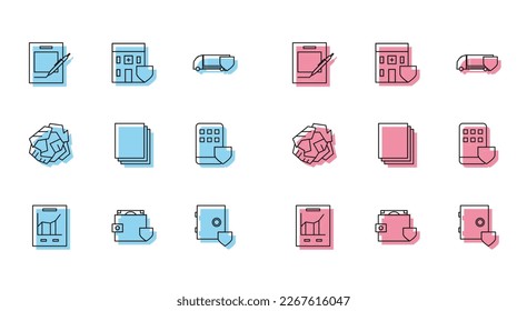 Set line Document with graph chart, Wallet and money shield, Blank notebook pen, Safe, Clean paper, Smartphone insurance, Crumpled ball and Medical hospital building icon. Vector