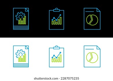 Set line Document with graph chart,  and Clipboard icon. Vector