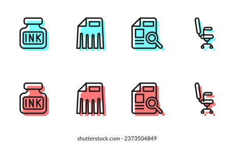 Set line Document with graph chart, Inkwell, Paper shredder and Office chair icon. Vector