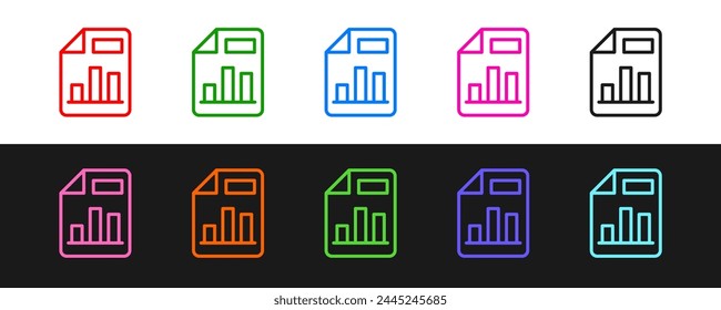 Set line Document with graph chart icon isolated on black and white background. Report text file icon. Accounting sign. Audit, analysis, planning.  Vector