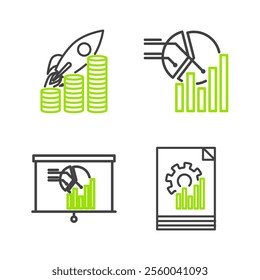 Set line Document with graph chart, Board, Pie infographic and Rocket flying up on coins growth icon. Vector