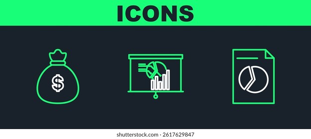 Set line Document with graph chart, Money bag and Board icon. Vector