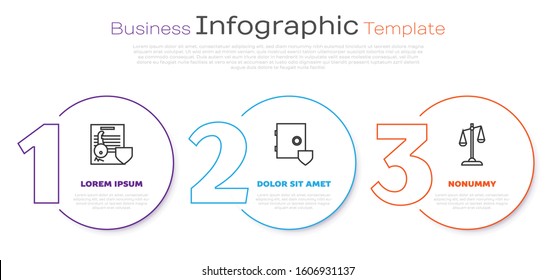 Set line Document with key with shield, Safe with shield and Scales of justice. Business infographic template. Vector