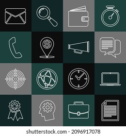 Set line Document, Laptop, Chat, Wallet, Cash location pin, Telephone handset, Envelope and Megaphone icon. Vector
